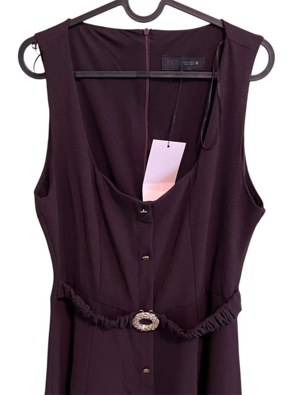 Zara Belted Midi Dress Brown Sleeveless Square Neck Gold Buckle Small NWT Summer - Picture 6 of 9